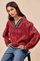 BiBi Christmas Plaid Collared Top with Ruffled Detail