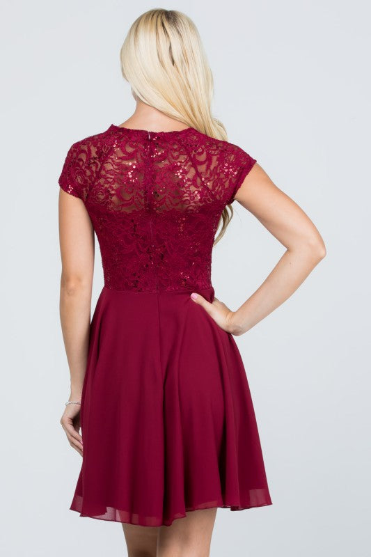 Lace Bodice Beaded Belt Chiffon Mini Dress
