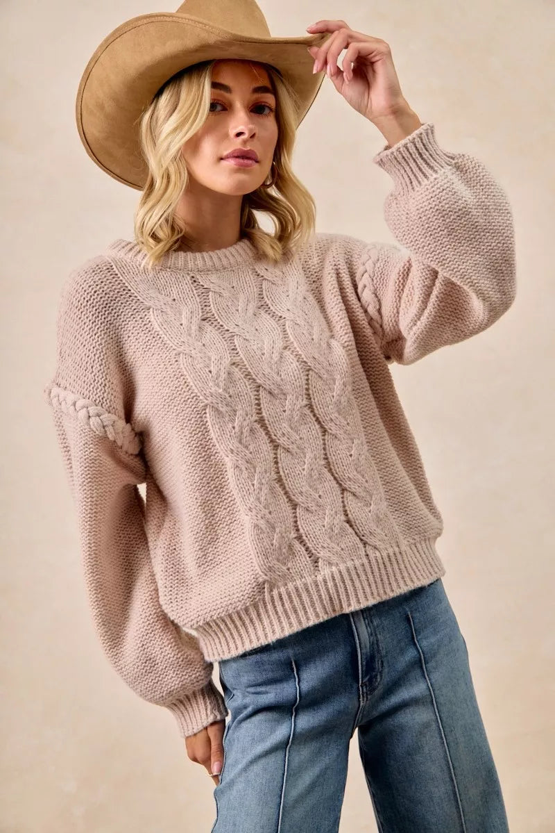 Cable Knit Sweater with Shoulder Braid Detail