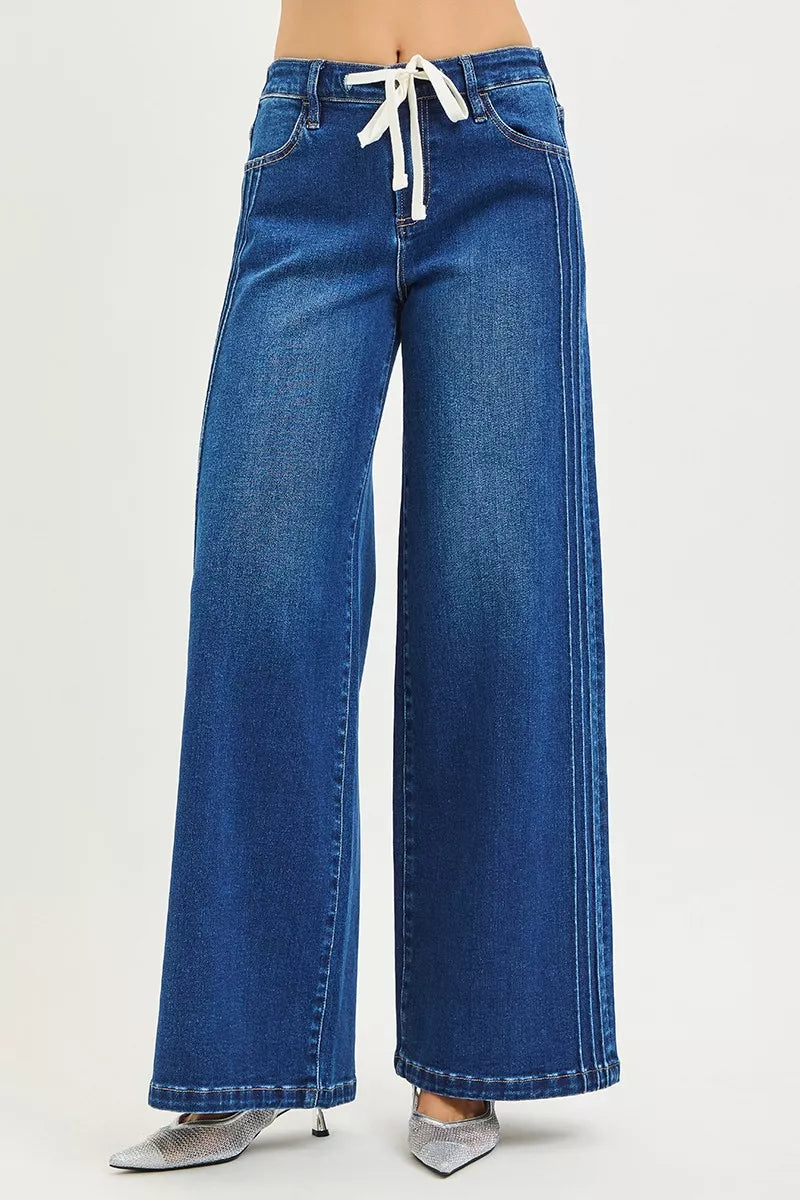 Mid Rise Drawstring Wide Side Pintuck Jeans