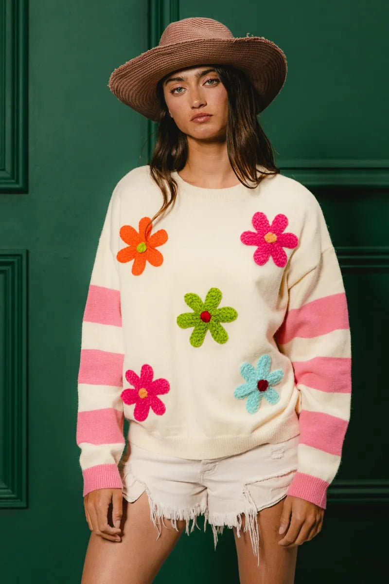 BiBi Colorful Floral Patched Sweater with Striped Sleeve