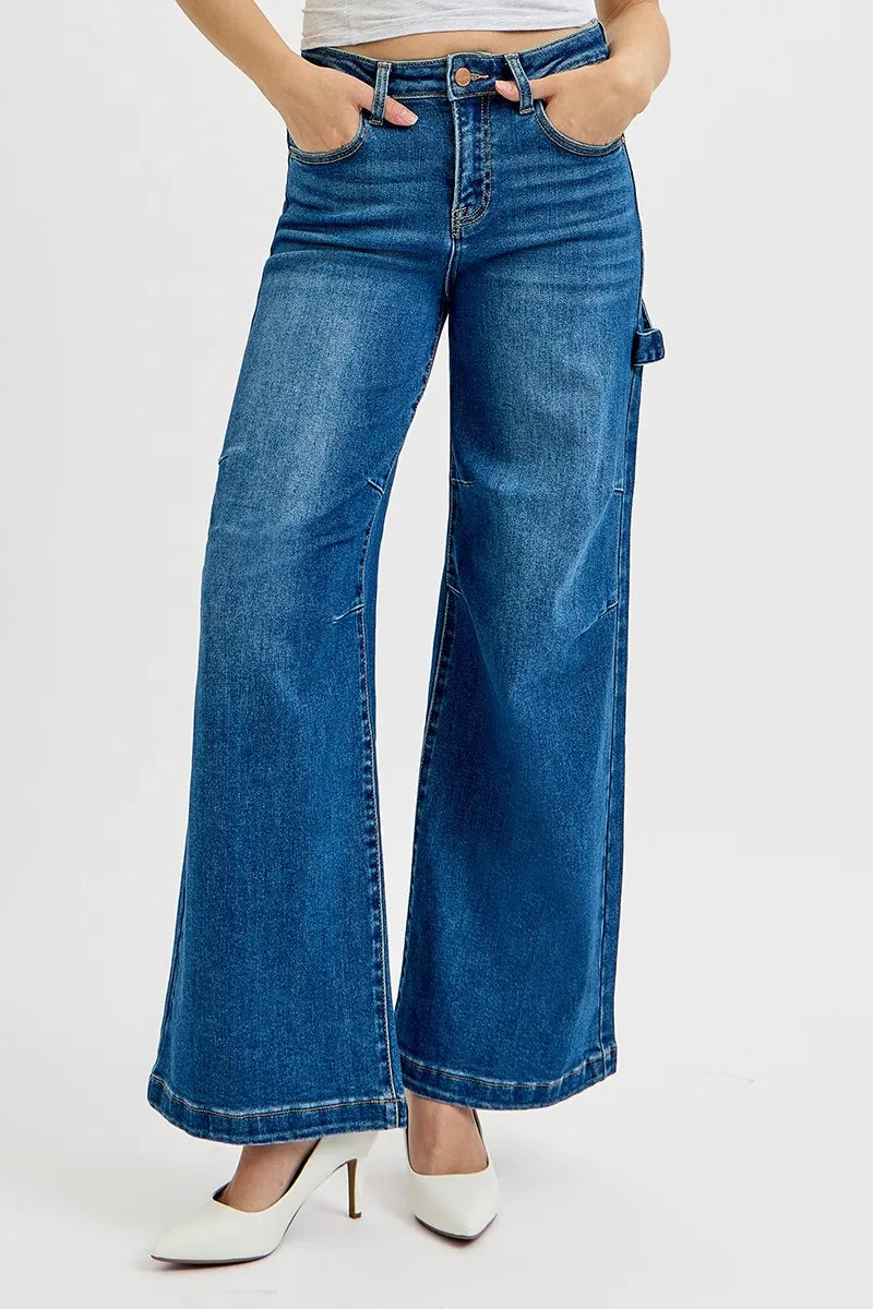 High Rise Wide Leg Patch Detailed Jeans