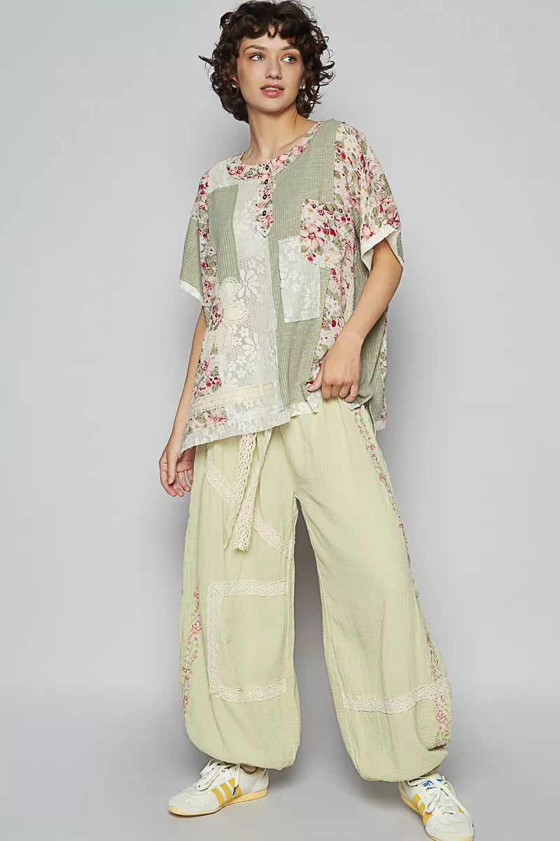 Lace Floral Pattern Top with Patch Detail