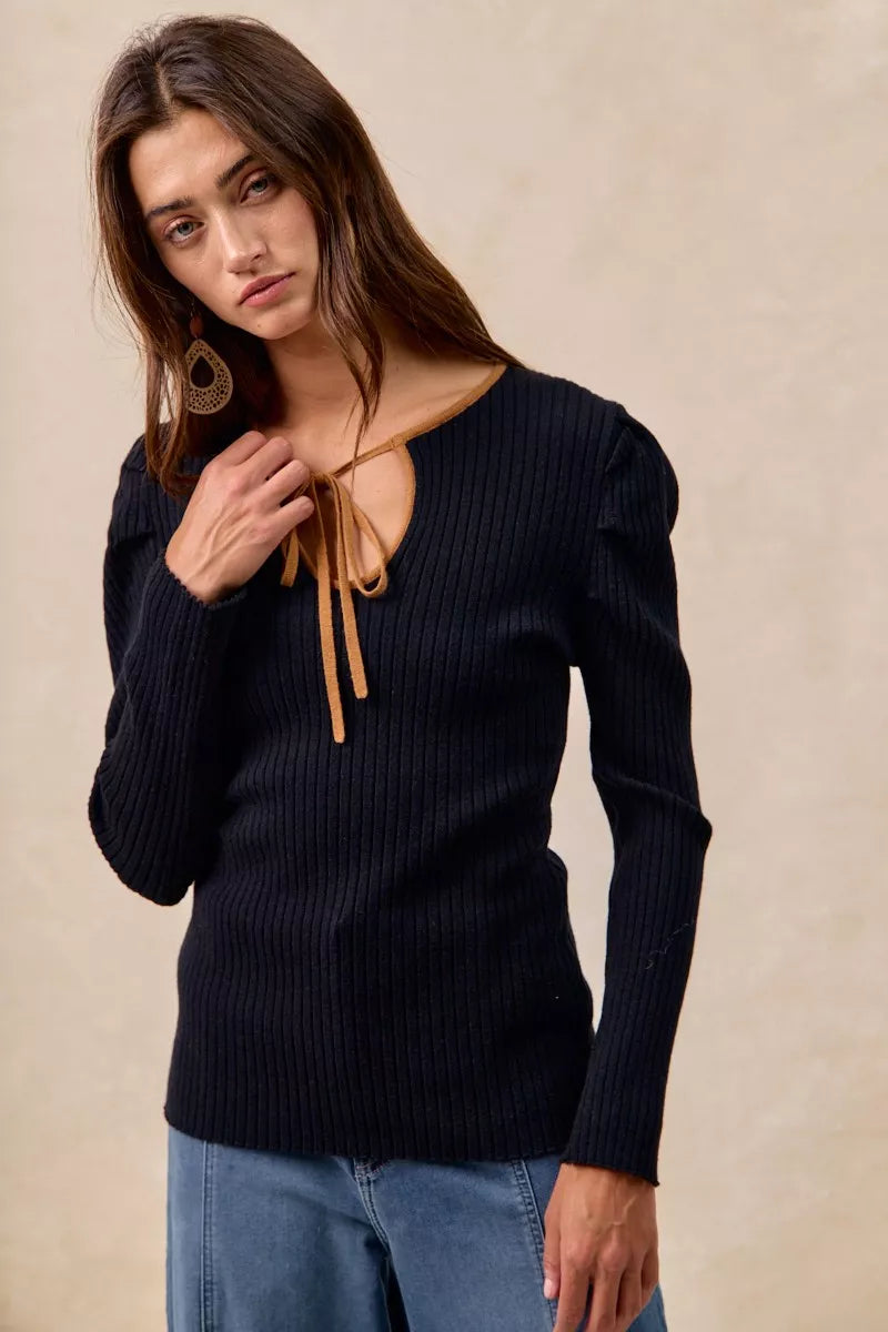 Ribbed Contrast Front Tied Top