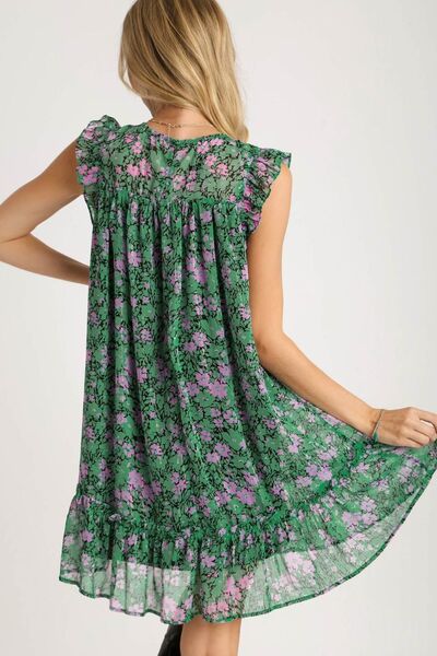 Smocked Detail Floral Metallic Ruffle Dress