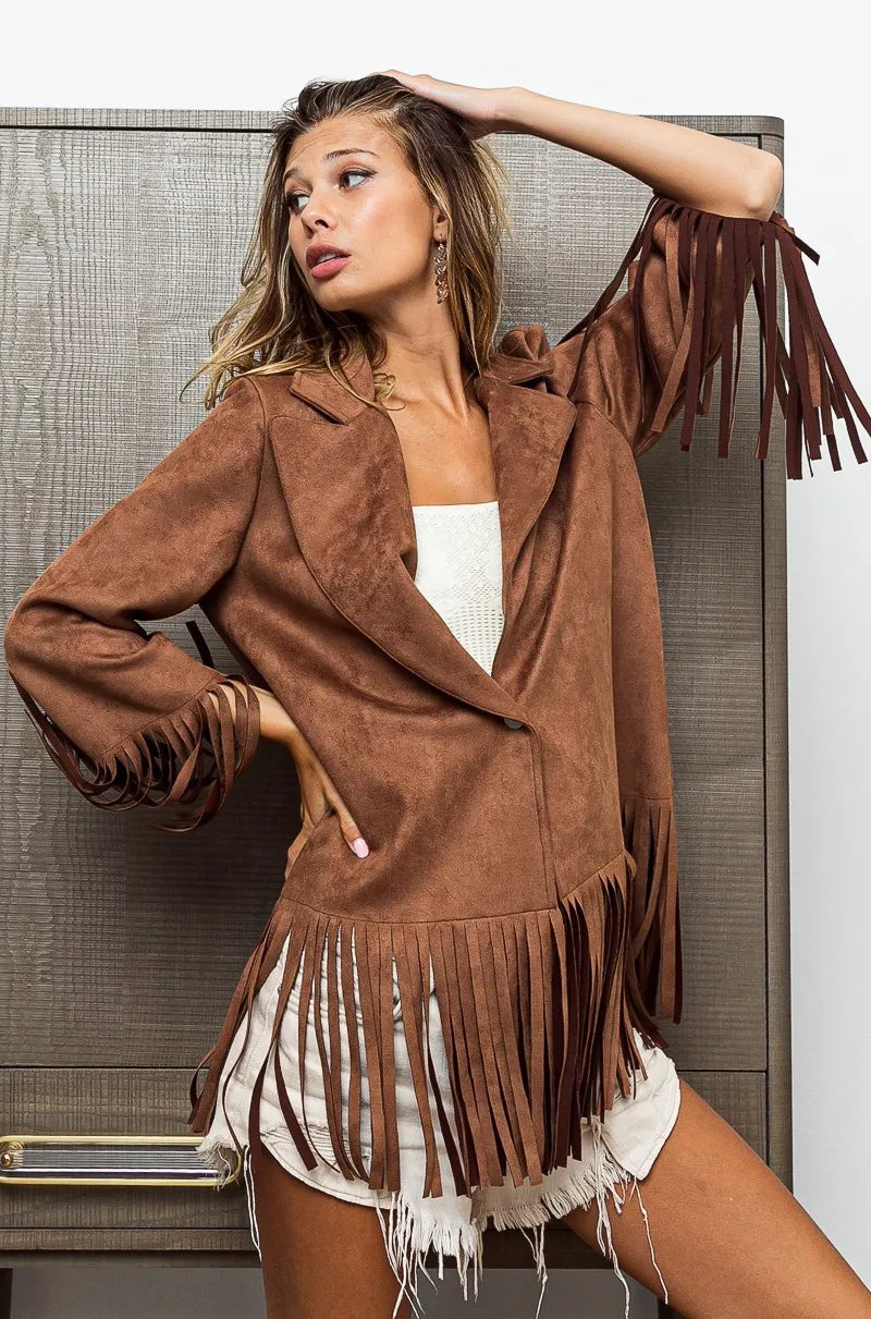 Faux Suede Blazer with Fringed Hem
