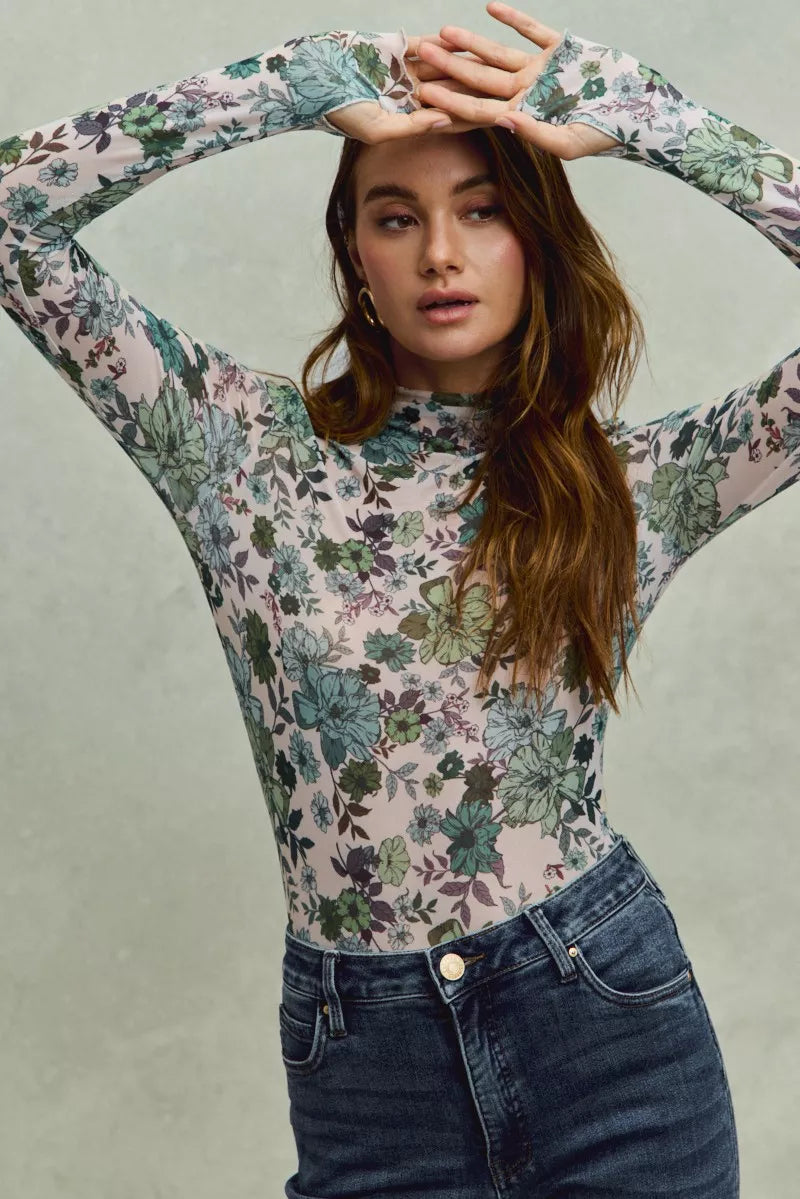 SO ME Floral Print Mesh Knit Long Sleeves Top