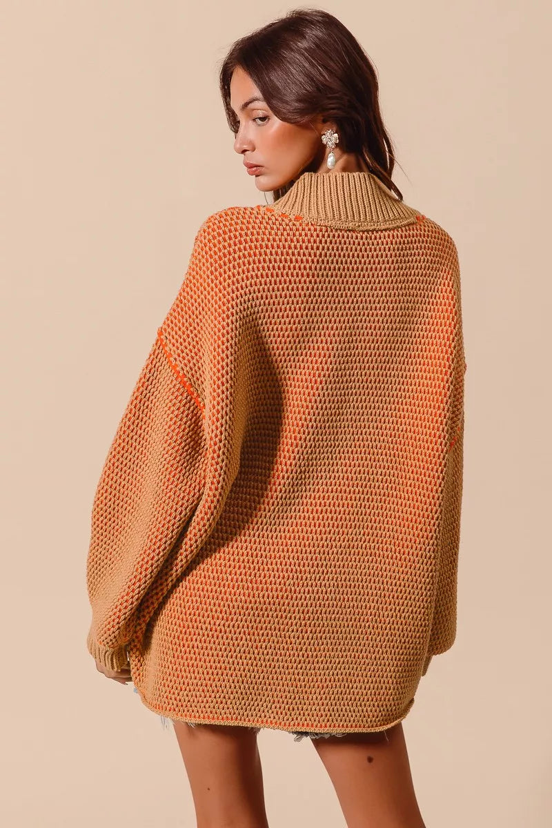 SO ME Oversized Two Tone Textured V Neck Sweater
