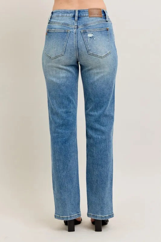 High Waist Front Seam & Slit Straight Jeans