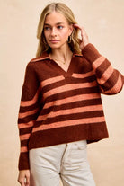 BiBi Striped Sweater Top with Collar Stitched Details