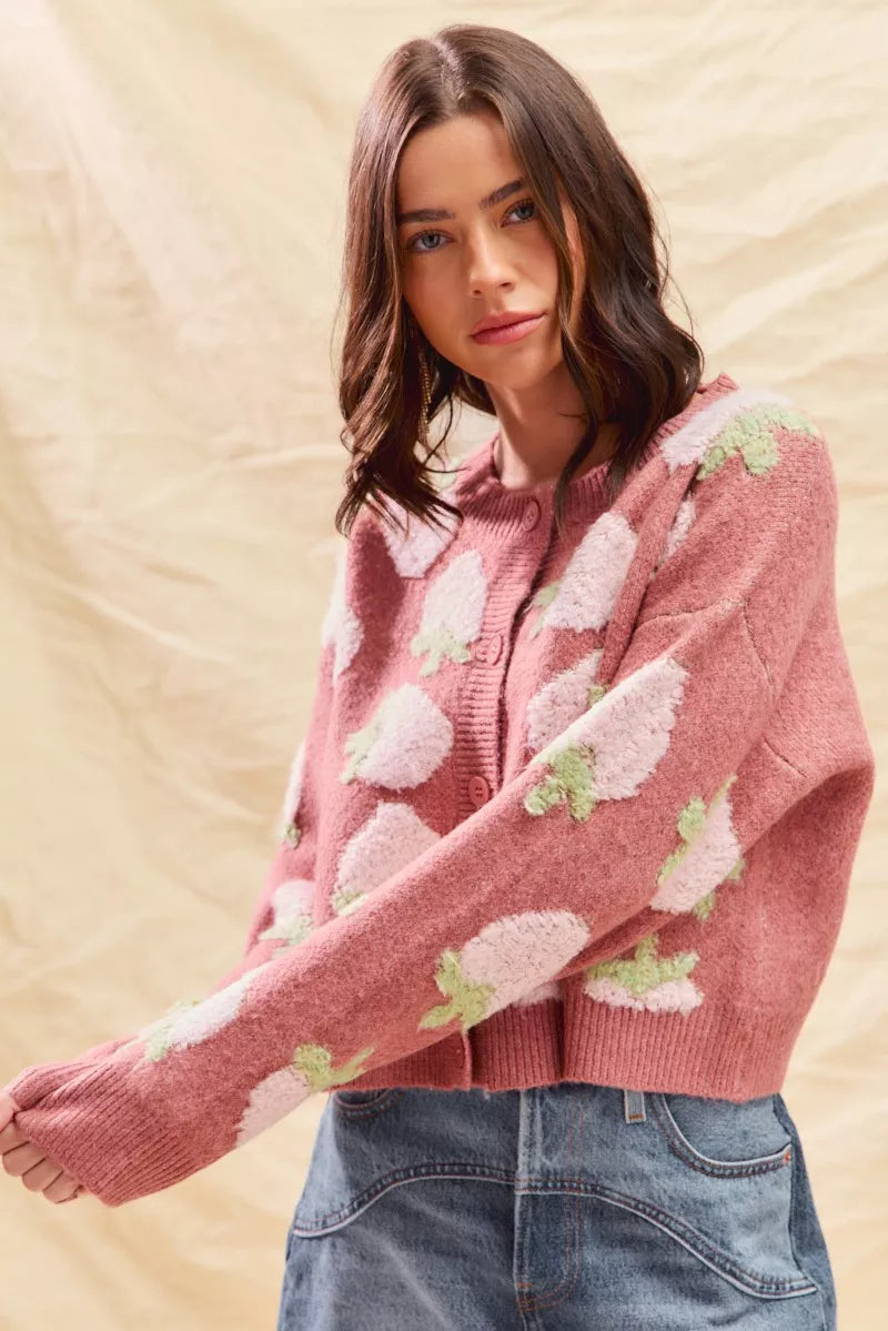 Strawberry Pattern Button-Up Cardigan
