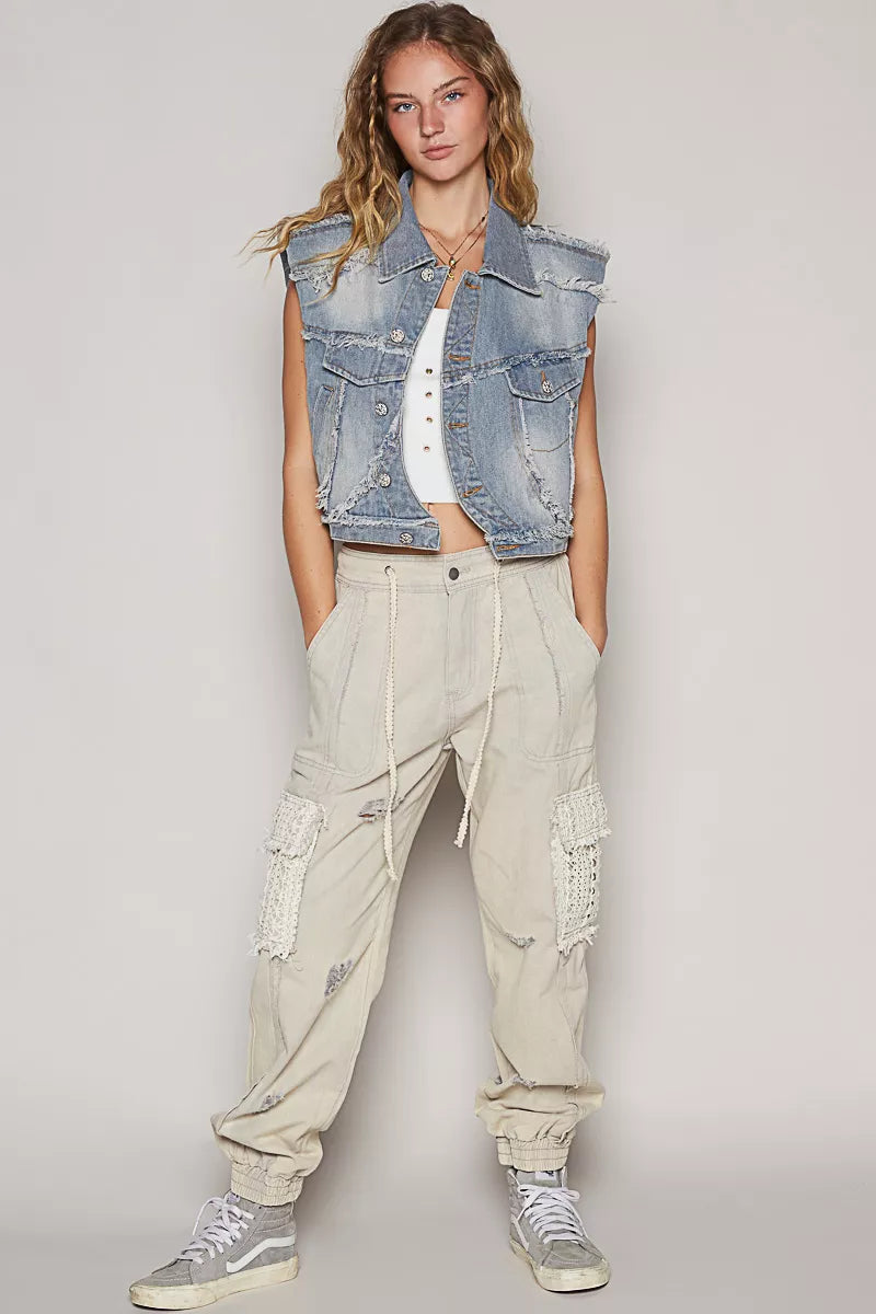 Asymmetrical Front Closure Raw Hem Denim Vest