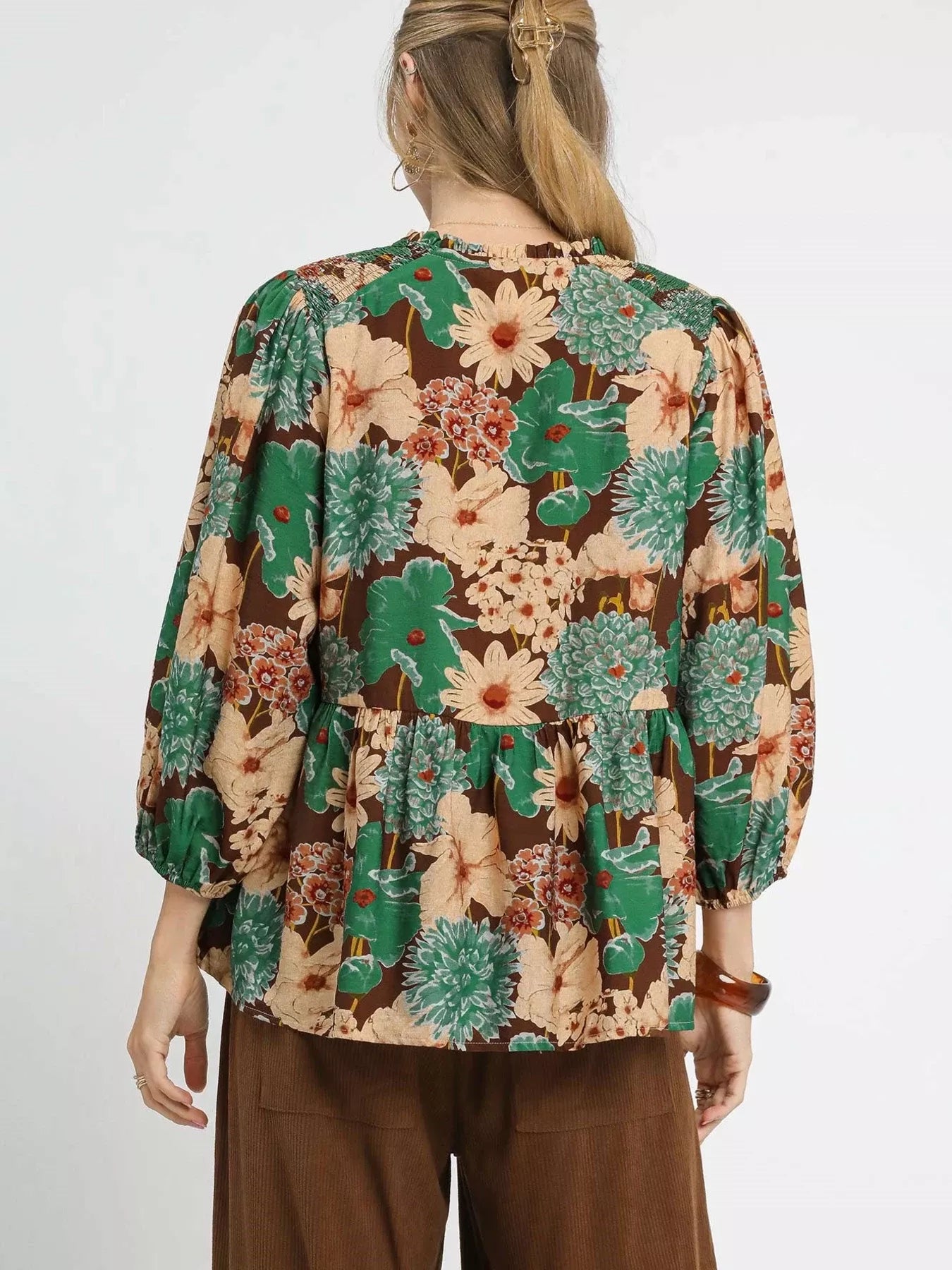 Floral Peplum Blouse with Tie Neck