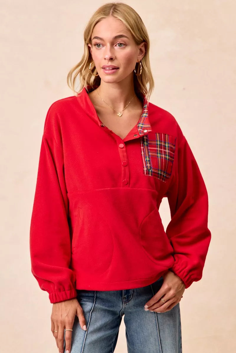 Christmas Theme Fleece Buttoned Top with Pockets
