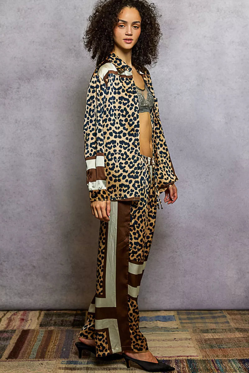 Leopard Printed Woven Wide Leg Drawstring Pants