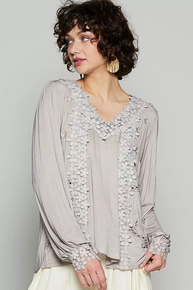 Floral Embroidery Woven Top with Lace Trim