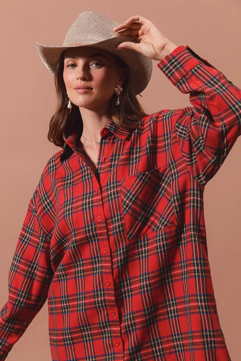Christmas Plaid Button Up Shirt Dress