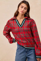 BiBi Christmas Plaid Collared Top with Ruffled Detail