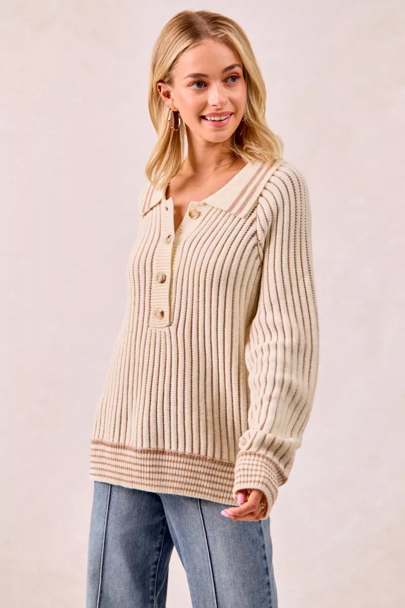 Half Button Ribbed Two Tone Sweater