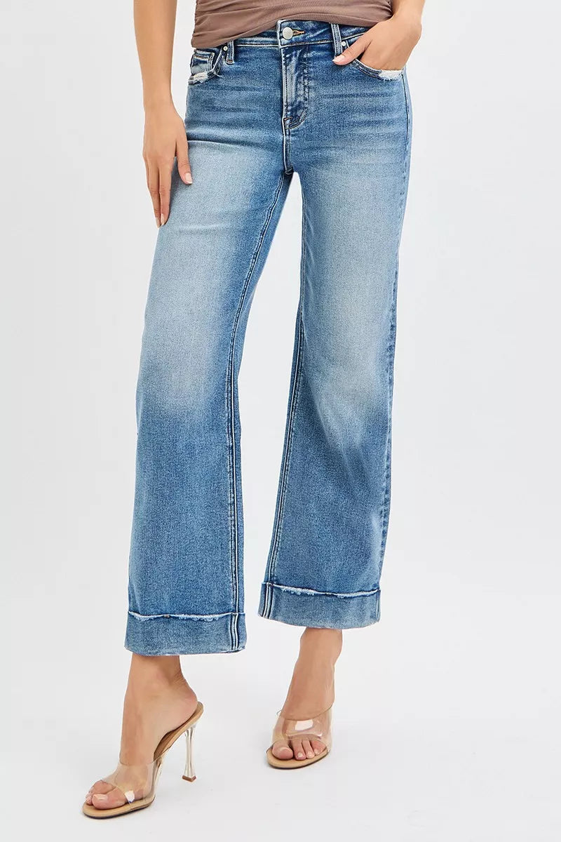 Mid Rise Crop Straight Jeans w/ Taylor Cuff