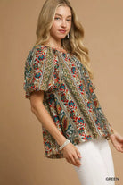 Boho Floral Stripe Puff Sleeve Blouse