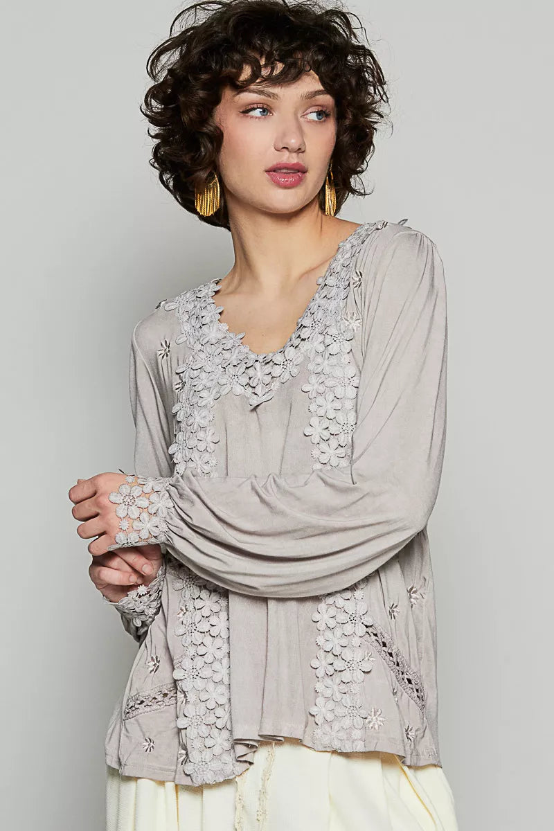 Floral Embroidery Woven Top with Lace Trim