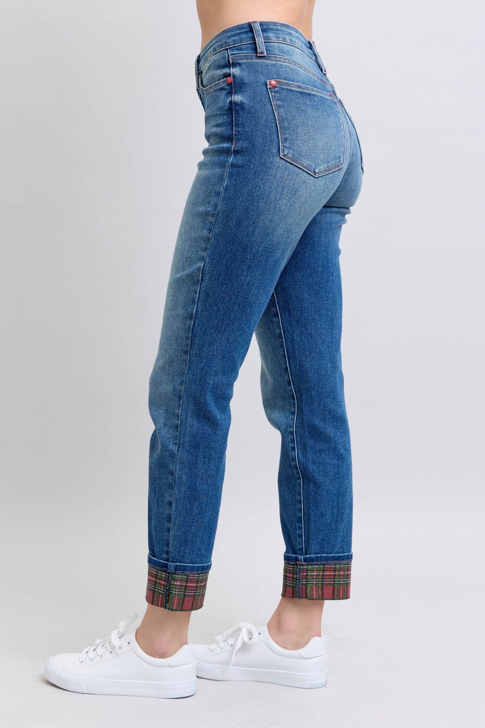 Plaid Print Cuff Straight Leg Jeans