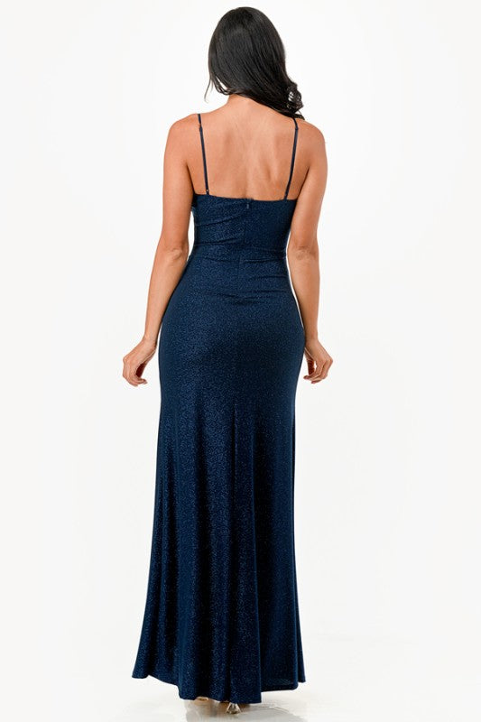 Fitted Glitter Side Pleat Formal Gown