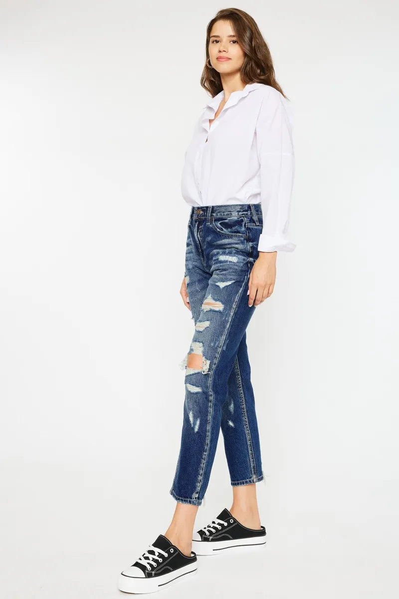 High Rise Distressed Mom Fit Jeans