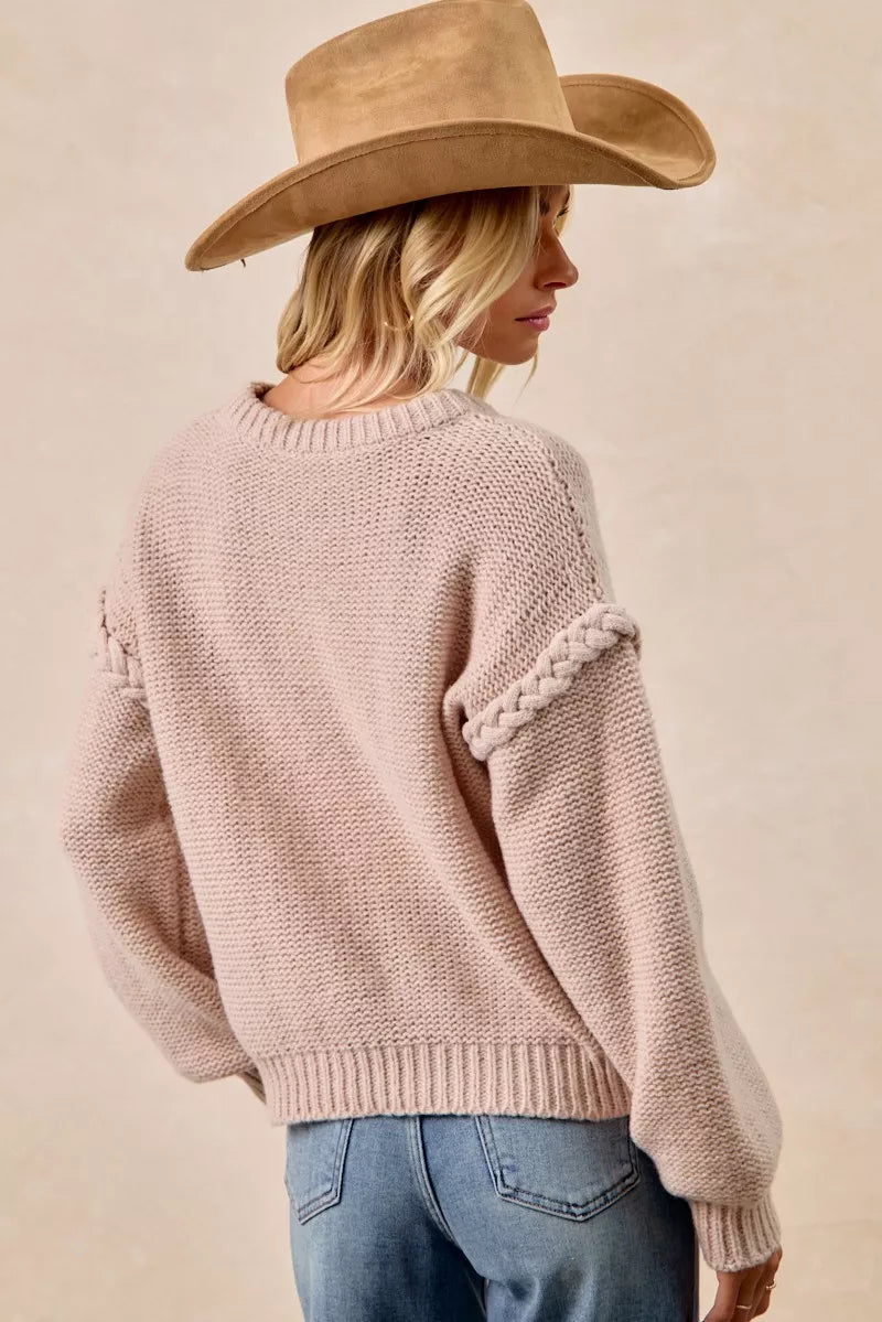 Cable Knit Sweater with Shoulder Braid Detail