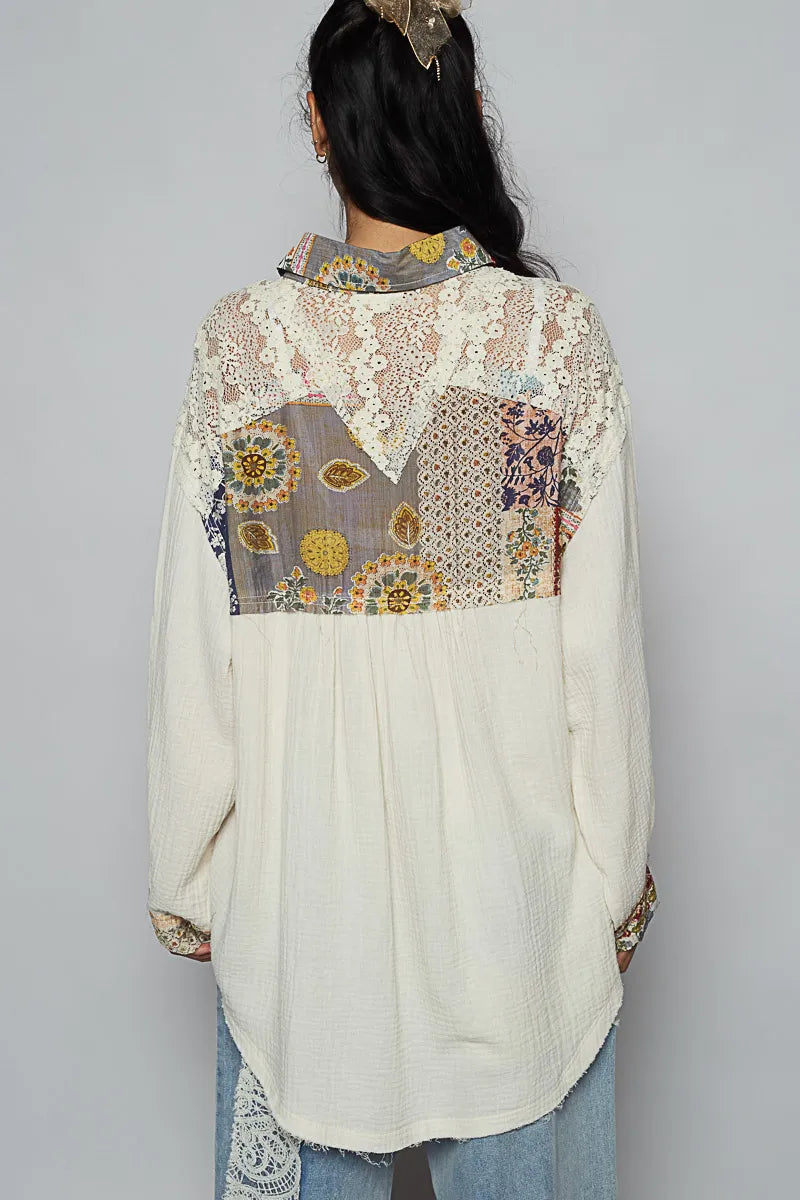 POL Lace Patchwork Floral Trim Long Sleeve Shirt