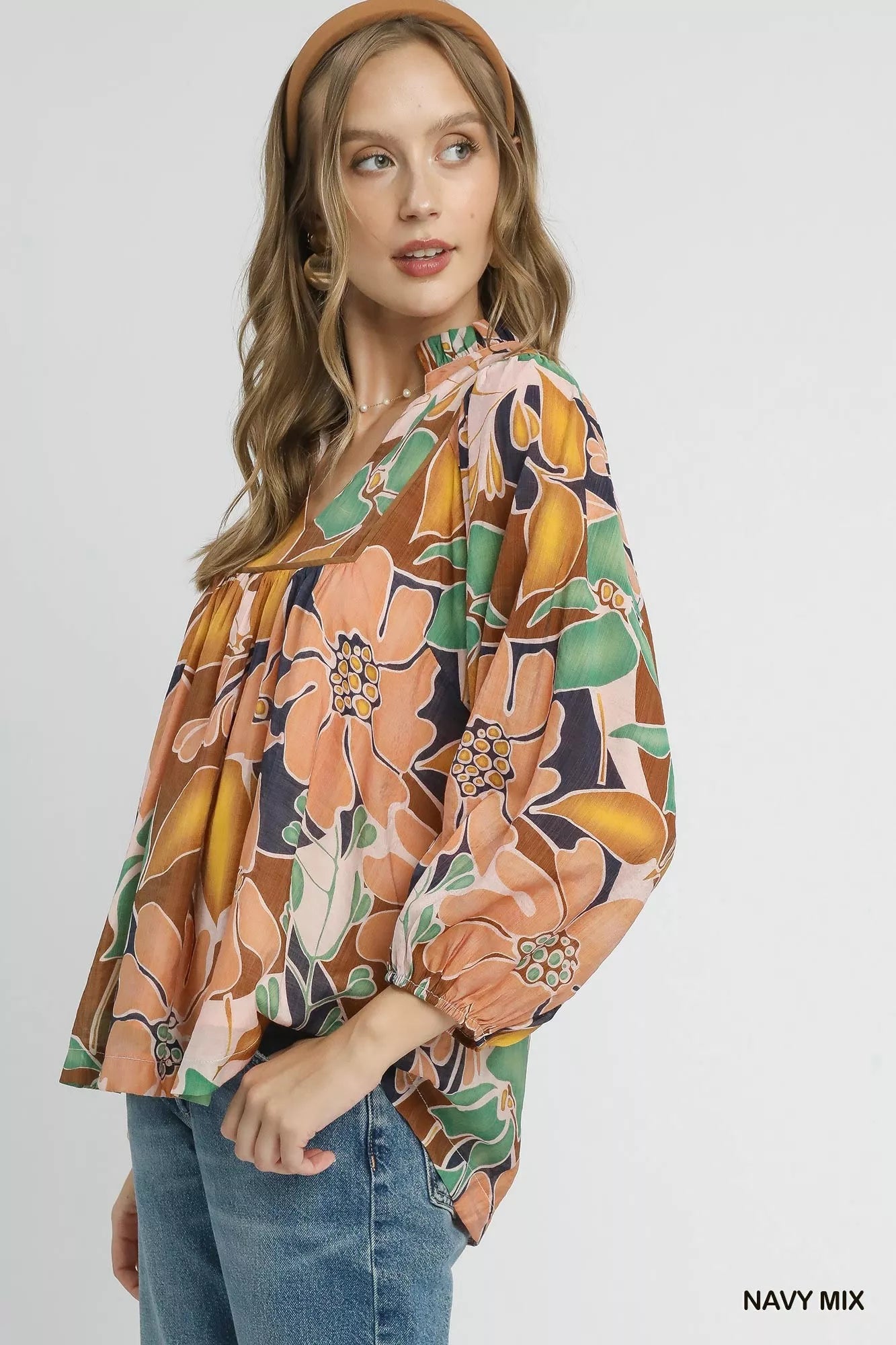 Abstract Floral Print Ruffle Neck Blouse