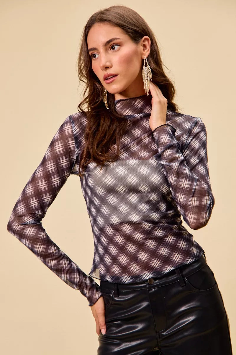 Plaid Mesh Knit Top with Thumb Opening