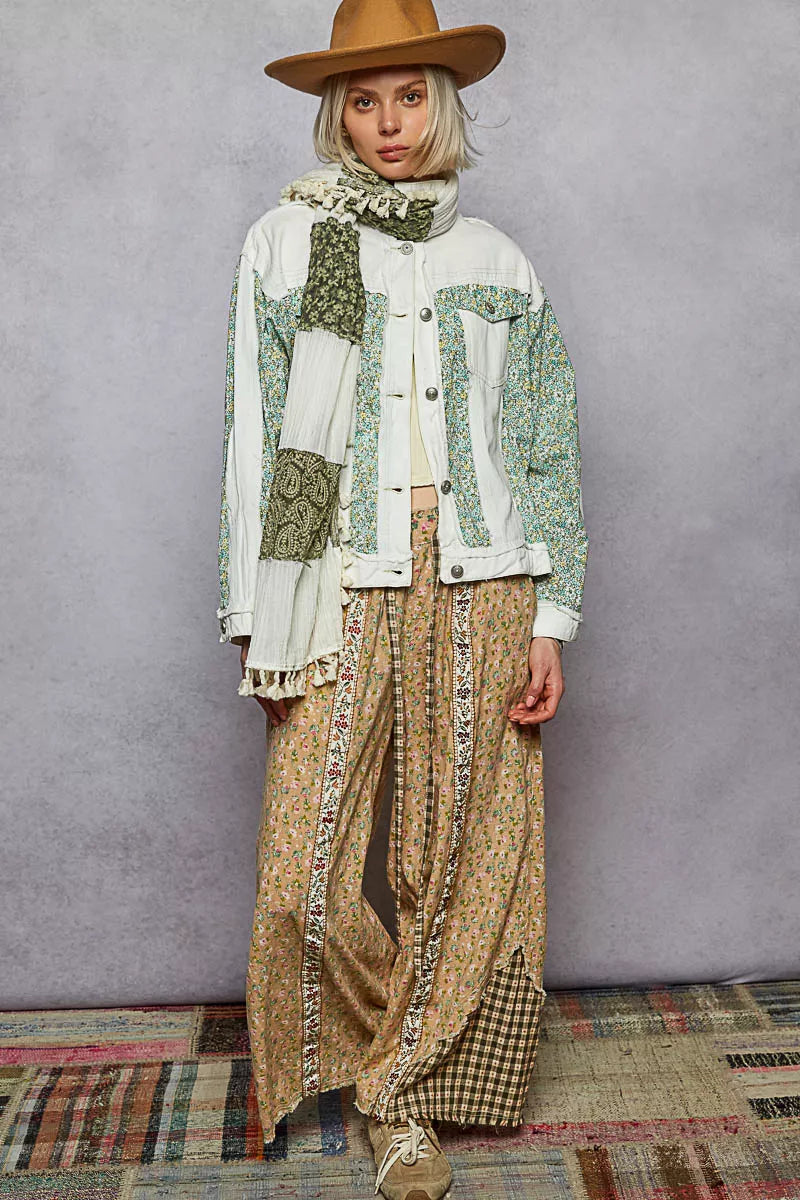 POL Button Down Patchwork Denim Jacket with Floral Print Details