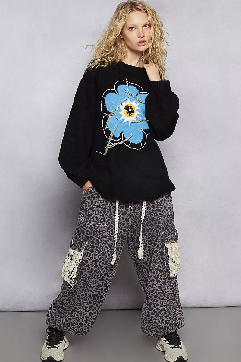 Floral Sweater with Exposed Stitching