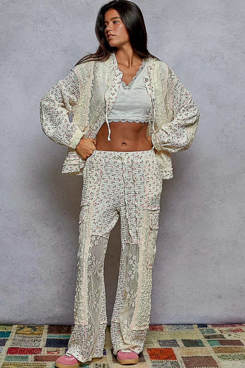 Floral Balloon Sleeve Hooded Lace Jacket