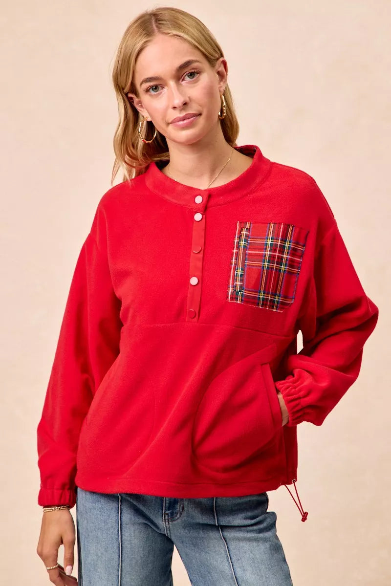 Christmas Theme Fleece Buttoned Top with Pockets