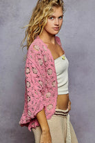 Openwork Chenille Cardigan with Contrast Floral