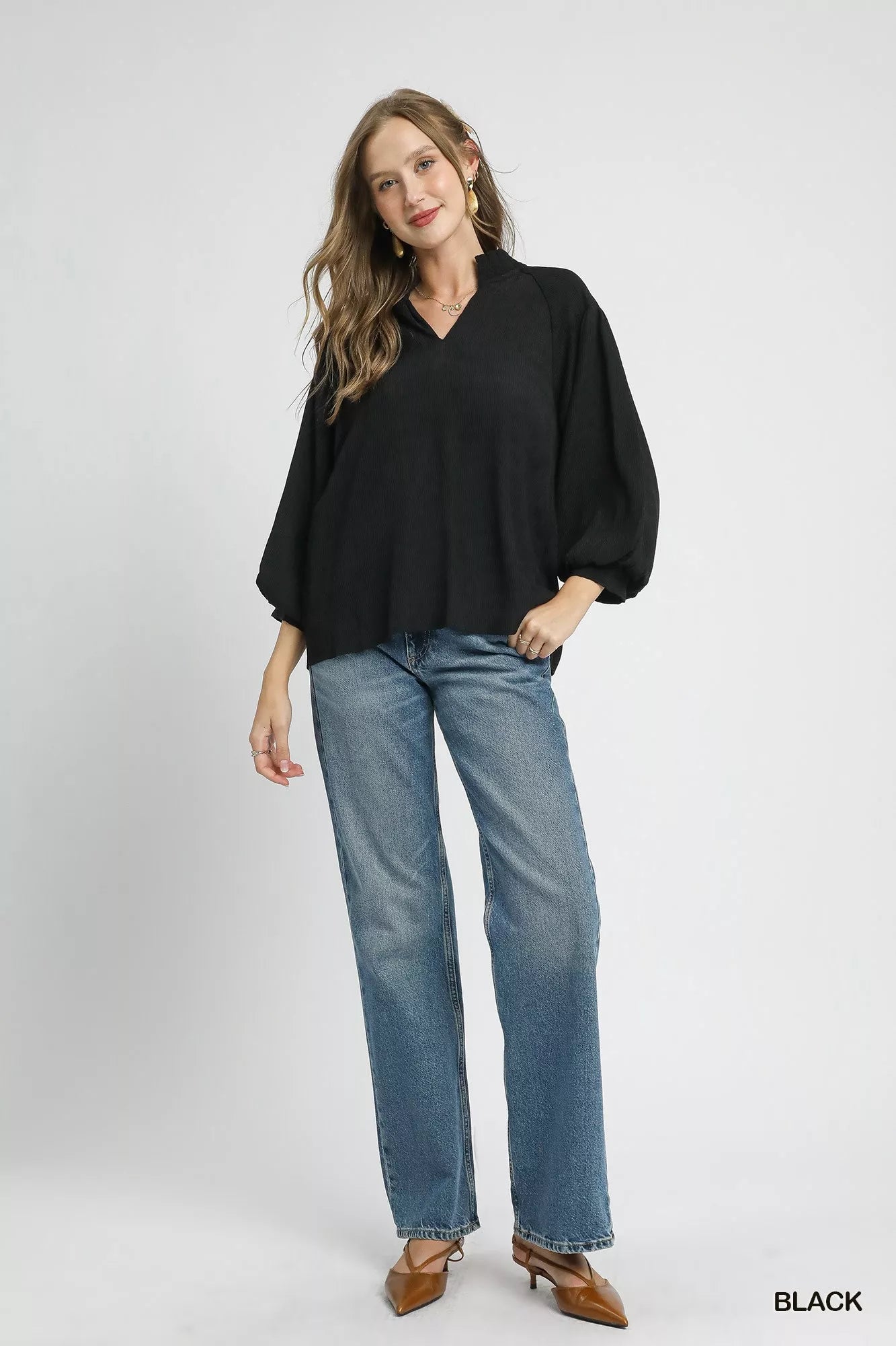 Textured V-Neck Blouse with Balloon Sleeves