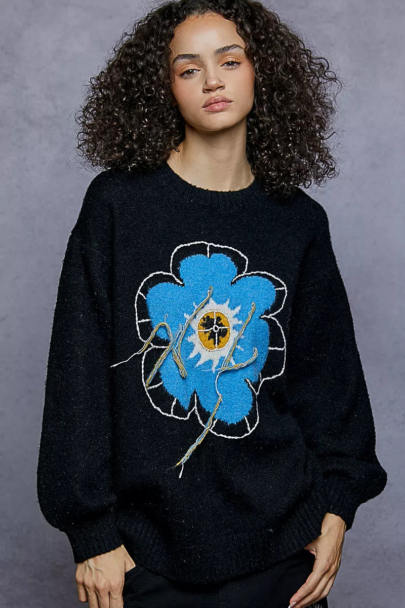 Floral Sweater with Exposed Stitching