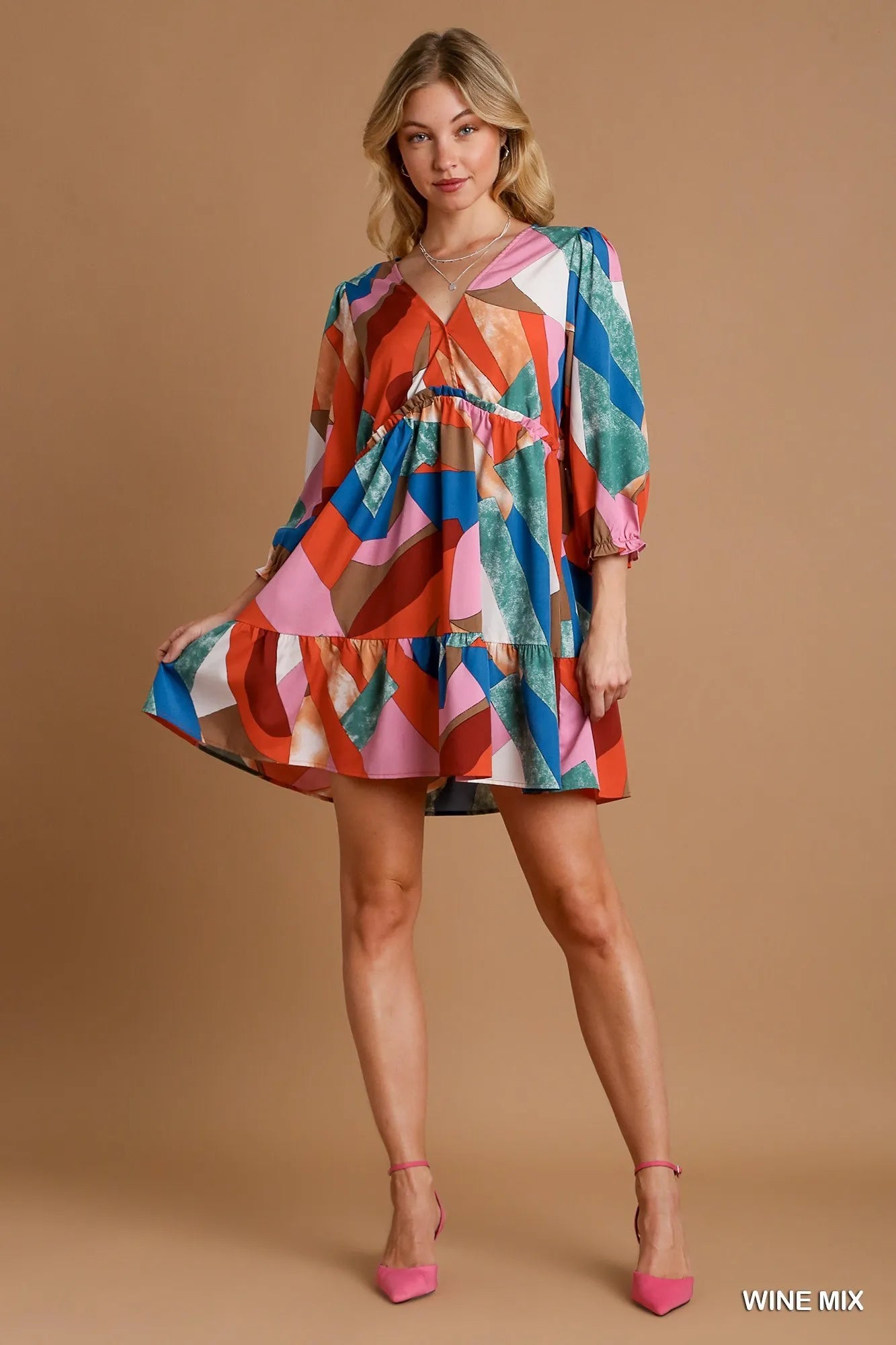 Abstract V-Neck Tiered Printed Dress