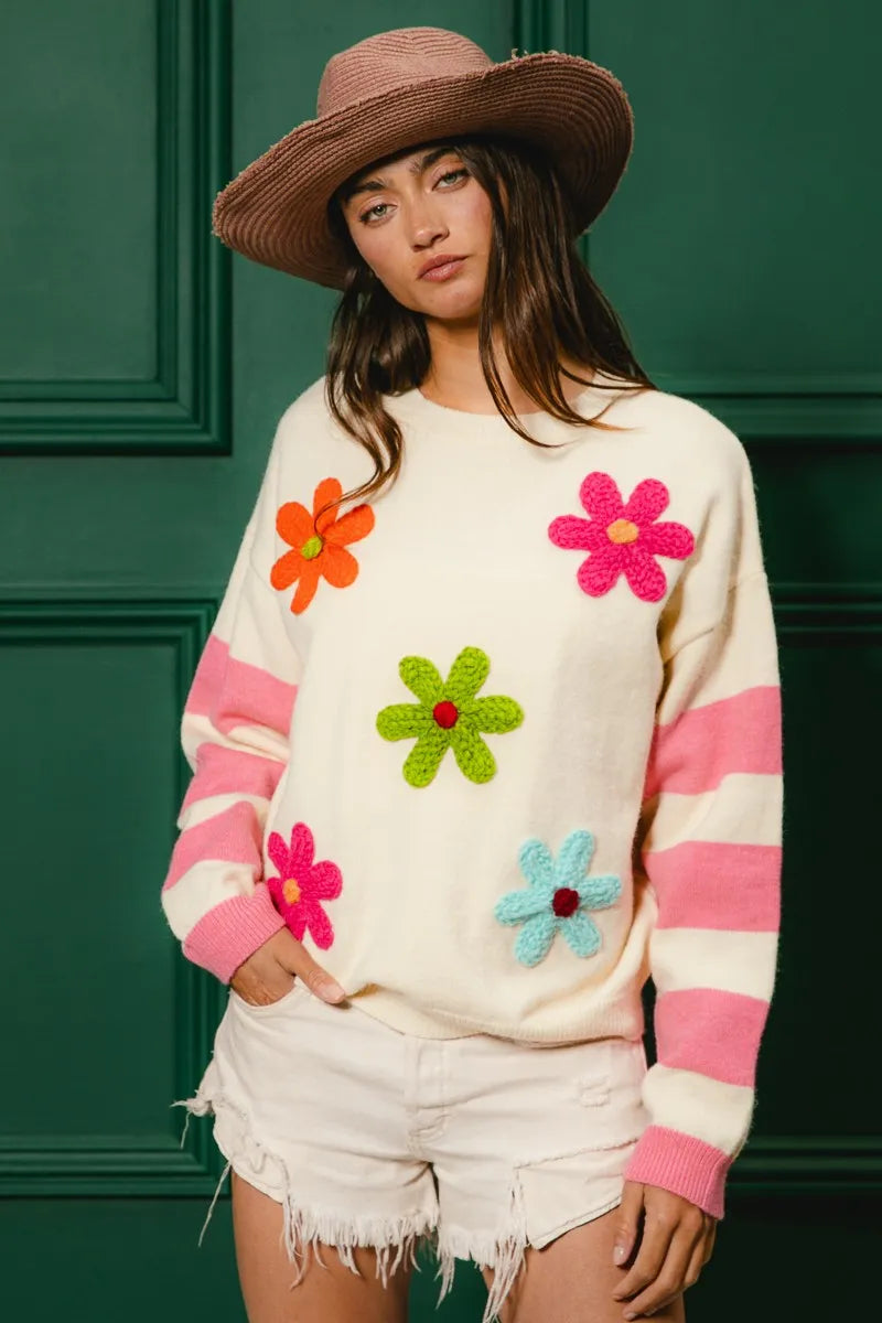BiBi Colorful Floral Patched Sweater with Striped Sleeve