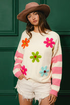 BiBi Colorful Floral Patched Sweater with Striped Sleeve