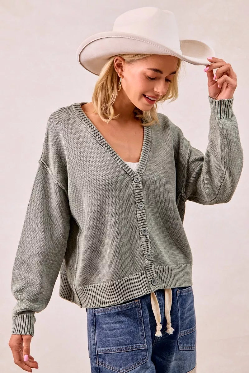 Washed Sweater V-Neck Cardigan