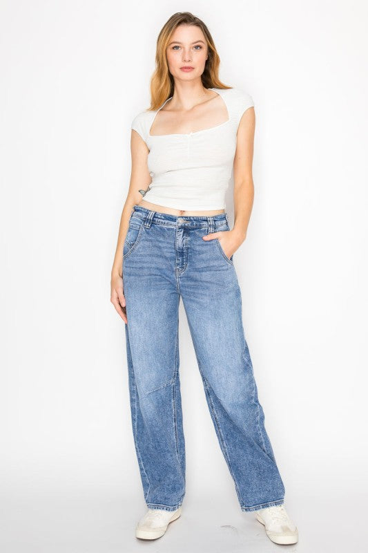Adjustable Strap Waistband Barrel Jeans