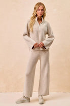 Rib Textured Knit Collared Top with Zip Up