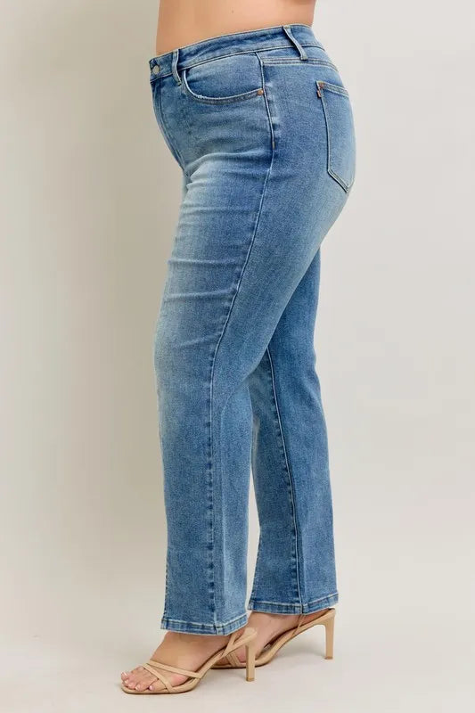 High Waist Front Seam & Slit Straight Jeans