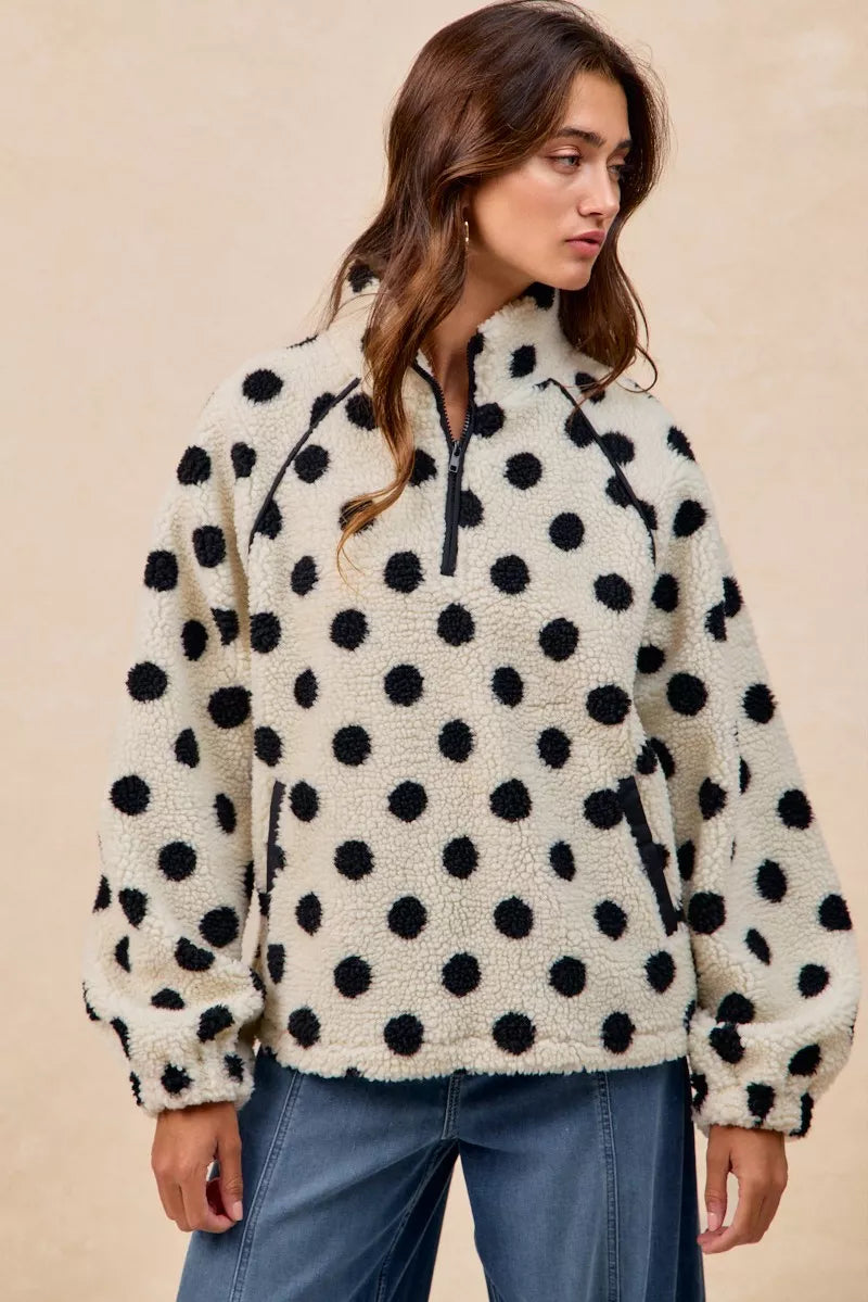 Polka Dot Sherpa Half Zip Up Top