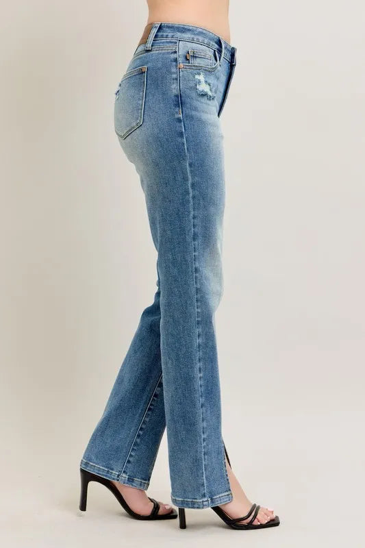 High Waist Front Seam & Slit Straight Jeans