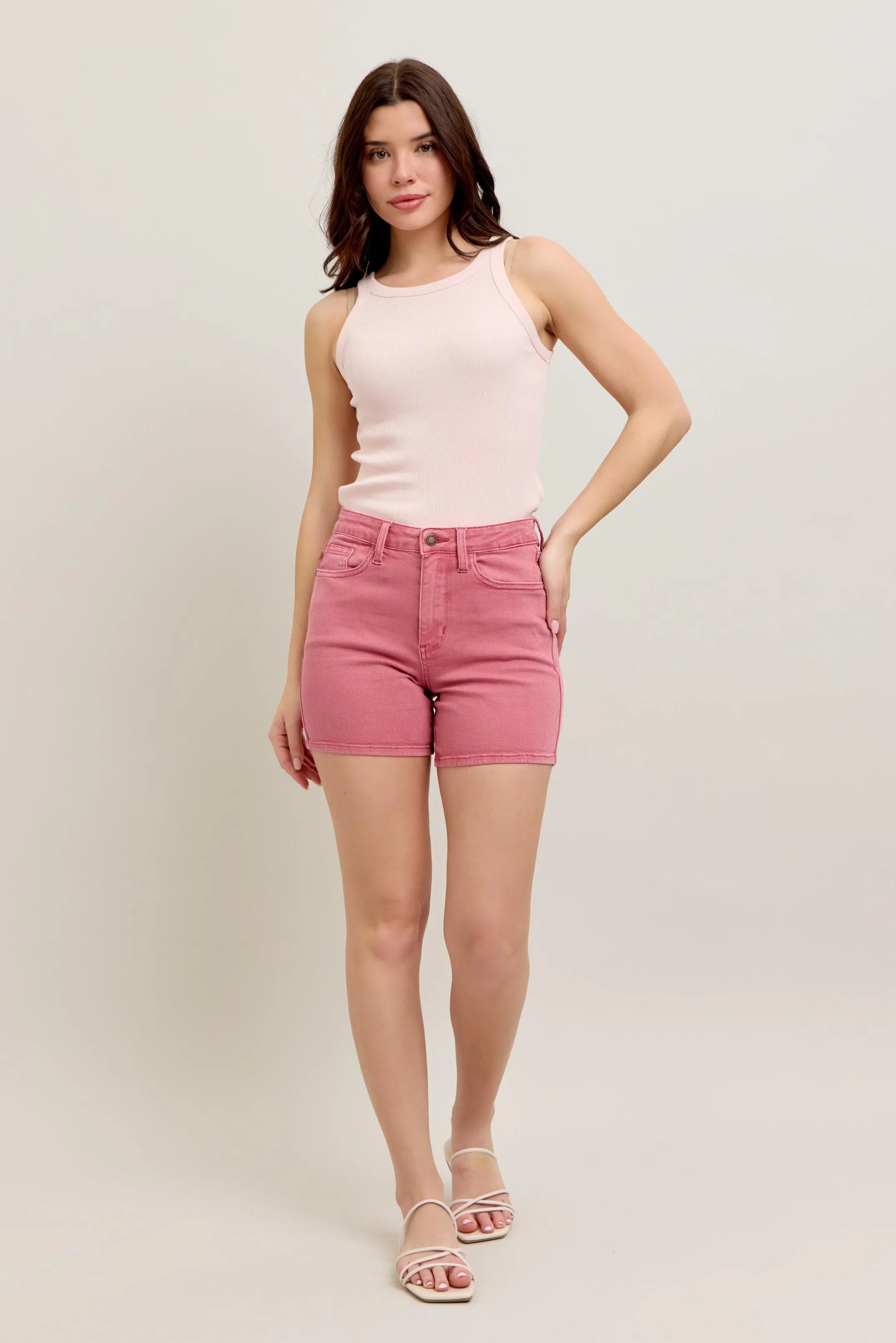Pink Back Pocket Embroidered Shorts